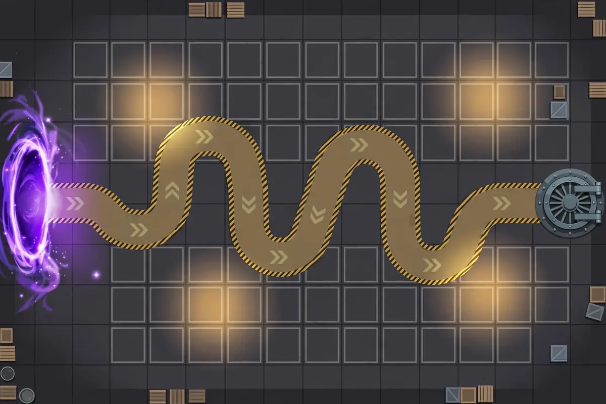 Top-down strategy diagram of the Warehouse Siege battlefield: a winding path from a glowing portal to the bank vault