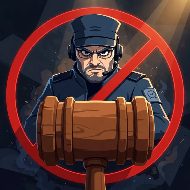 Original parody portrait: A stern cartoon moderator looming behind a giant wooden gavel, framed by a red prohibition ring