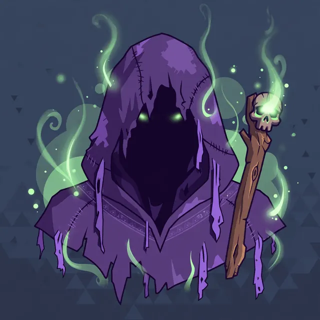 Original parody portrait: A hooded figure in tattered purple robes holding a skull-topped staff with green soul wisps