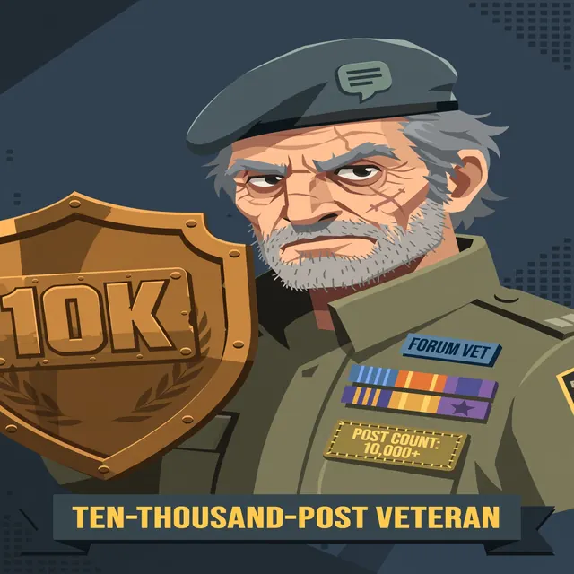 Original parody portrait: A grizzled cartoon forum veteran with a bronze 10K shield and service medals